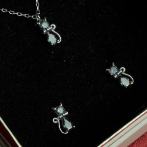 Mystical Cat Necklace & Earrings Set Silver